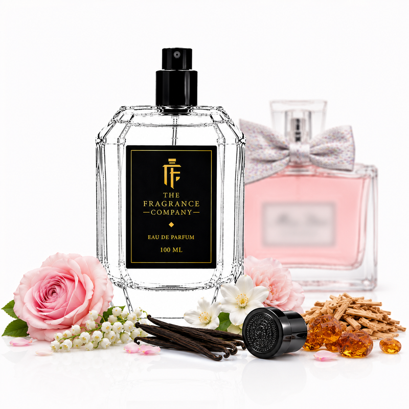 A clear faceted perfume bottle with a black spray top and black front label reading 'THE FRAGRANCE COMPANY' and 'EAU DE PARFUM 100 ML'. A pink perfume bottle with a silver bow sits behind it.