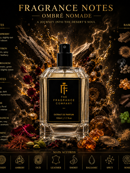 A perfume bottle labeled 'The Fragrance Company' centered on a dark, dramatic graphic background with the title 'Fragrance Notes - Ombré Nomade.' Surrounding the bottle are scent notes in text and illustrated spices, flowers, and liquid splashes in brown, gold, pink, red, and green tones.