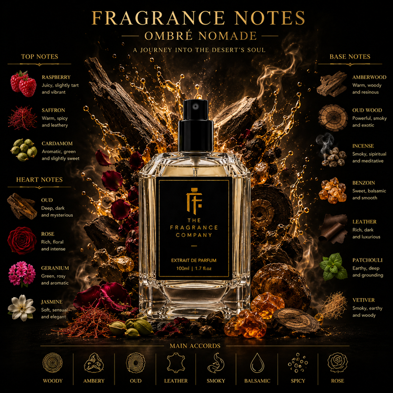 A perfume bottle labeled 'The Fragrance Company' centered on a dark, dramatic graphic background with the title 'Fragrance Notes - Ombré Nomade.' Surrounding the bottle are scent notes in text and illustrated spices, flowers, and liquid splashes in brown, gold, pink, red, and green tones.