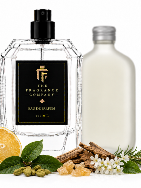 A clear glass perfume bottle with a black spray top and a black label reading 'THE FRAGRANCE COMPANY' stands on a white background, styled with a sliced orange, green leaves, bark, white flowers, and a frosted bottle behind it.