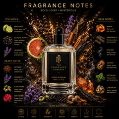 A 100ml bottle of 'The Fragrance Company' perfume centered against a dark, dramatic background with golden typography and scent notes. The bottle is clear glass with a black label and spray nozzle, surrounded by illustrated and real elements representing its fragrance profile including citrus slices, lavender, cinnamon, amber, and spices.