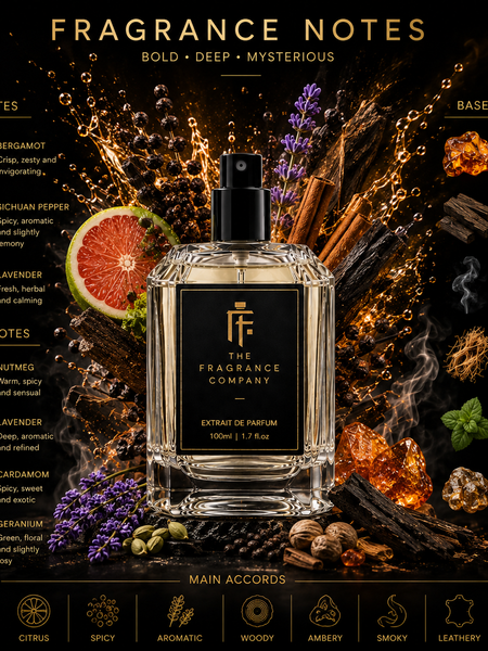 A 100ml bottle of 'The Fragrance Company' perfume centered against a dark, dramatic background with golden typography and scent notes. The bottle is clear glass with a black label and spray nozzle, surrounded by illustrated and real elements representing its fragrance profile including citrus slices, lavender, cinnamon, amber, and spices.