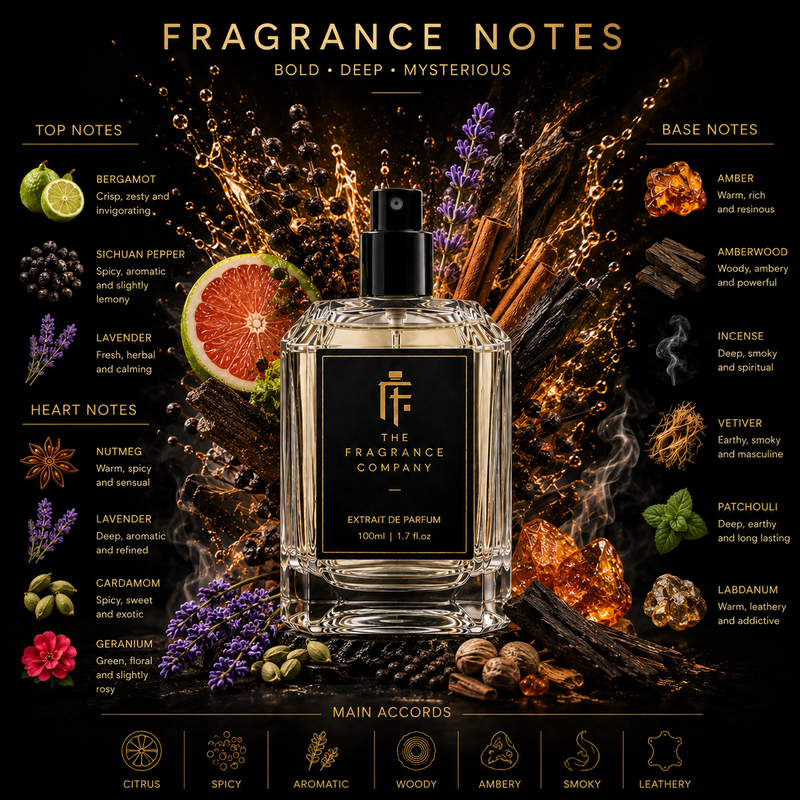 A 100ml bottle of 'The Fragrance Company' perfume centered against a dark, dramatic background with golden typography and scent notes. The bottle is clear glass with a black label and spray nozzle, surrounded by illustrated and real elements representing its fragrance profile including citrus slices, lavender, cinnamon, amber, and spices.
