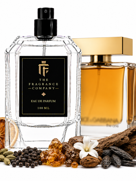Two perfume bottles from The Fragrance Company on a white background, surrounded by scent ingredients including a dried orange slice, cardamom, black peppercorns, amber crystals, a white flower, and wood bark. One bottle is clear glass with a black spray top and black label, and the other is a gold-toned bottle with amber liquid.