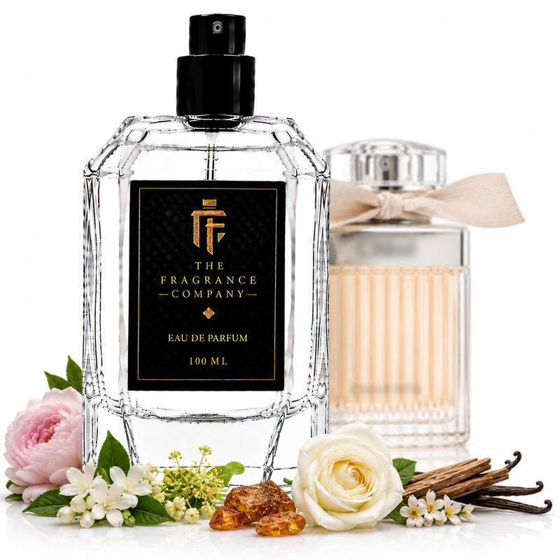 A 100 ml clear glass perfume bottle with a black spray top and a black label featuring gold lettering, displayed alongside a second ribbed glass perfume bottle in the background. The main bottle is styled with a pink rose, white rose, vanilla beans, amber crystals, and small white flowers on a white background.