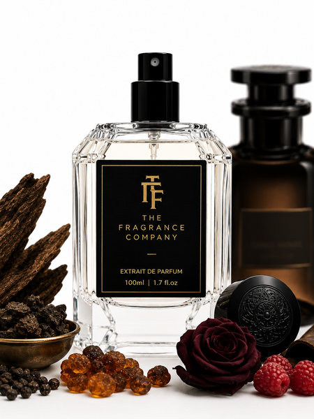 A clear glass perfume bottle labeled 'The Fragrance Company' with a black spray top and black label, styled with dark amber liquid in a bottle behind it, plus rose petals, dried bark, peppercorns, amber beads, and raspberries on a white background.