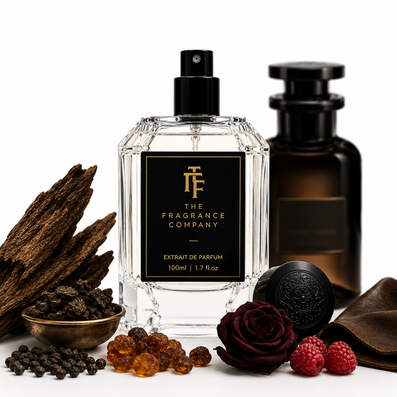 A clear glass perfume bottle labeled 'The Fragrance Company' with a black spray top and black label, styled with dark amber liquid in a bottle behind it, plus rose petals, dried bark, peppercorns, amber beads, and raspberries on a white background.