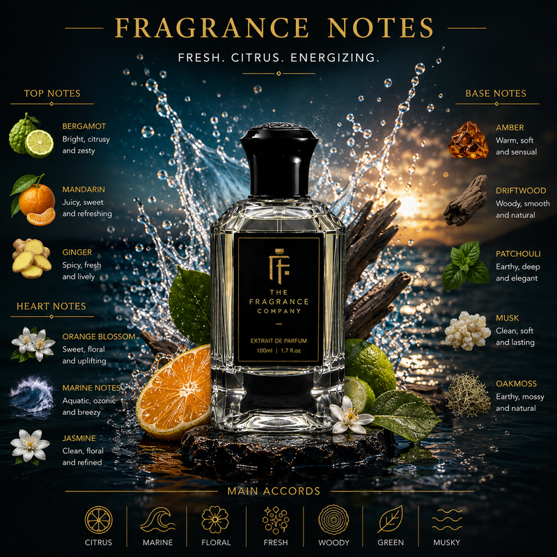 A glass bottle of fragrance extract centered on a dramatic dark water splash background, surrounded by labeled fragrance notes including bergamot, mandarin, ginger, amber, driftwood, patchouli, musk, and damask. The bottle has a black cap and black front label with a gold logo and text reading 'The Fragrance Company' and 'Extrait de Parfum 100ml'.