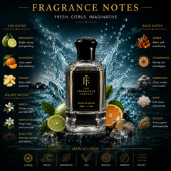 A bottle of Extrait de Parfum from The Fragrance Company is centered against a dynamic water splash background, surrounded by labeled fragrance notes for top, base, heart, and main accords including bergamot, mandarin, ginger, neroli, orange blossom, cedarwood, ambroxan, musk, and vetiver.