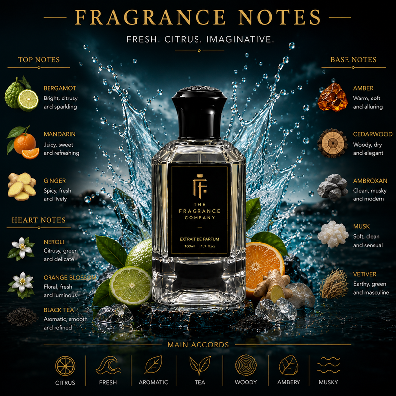A bottle of Extrait de Parfum from The Fragrance Company is centered against a dynamic water splash background, surrounded by labeled fragrance notes for top, base, heart, and main accords including bergamot, mandarin, ginger, neroli, orange blossom, cedarwood, ambroxan, musk, and vetiver.