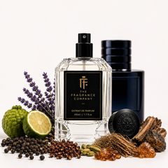 A clear glass perfume bottle with a black spray top and black label reading 'THE FRAGRANCE COMPANY' stands centered on a white studio background. Surrounding it are whole and sliced limes, purple lavender sprigs, peppercorns, cardamom pods, cinnamon bark, and amber crystals, with a dark navy bottle and cap placed behind it.