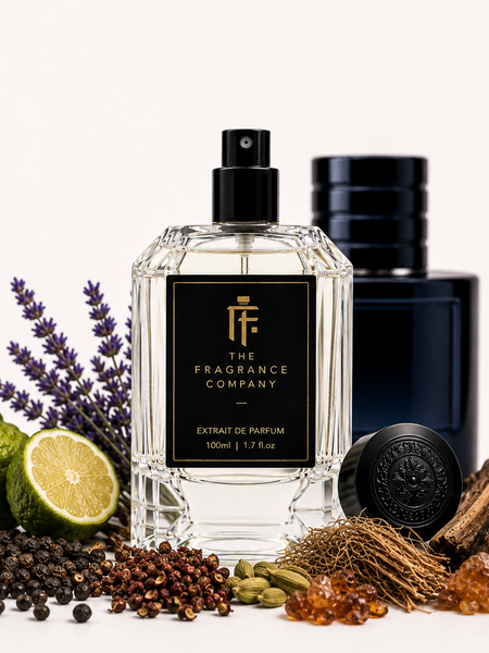 A clear glass perfume bottle with a black spray top and black label reading 'THE FRAGRANCE COMPANY' stands centered on a white studio background. Surrounding it are whole and sliced limes, purple lavender sprigs, peppercorns, cardamom pods, cinnamon bark, and amber crystals, with a dark navy bottle and cap placed behind it.