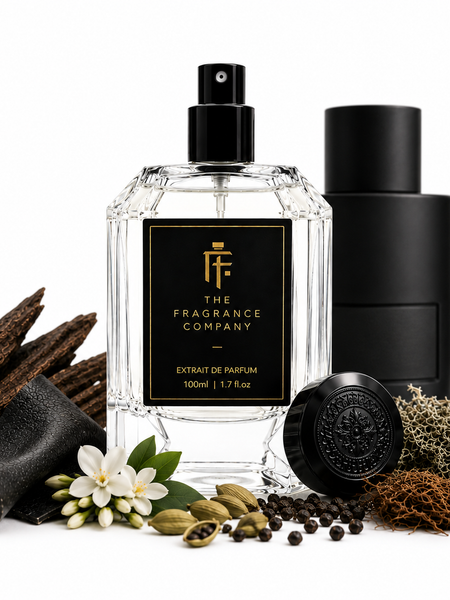 A clear glass perfume bottle with a black spray top and a black label reading 'THE FRAGRANCE COMPANY' stands on a white background, styled with dark wood, a black leather piece, a white flower, green cardamom pods, black peppercorns, and dried botanicals. A black cylindrical container and a round black cap are placed behind and beside the bottle.