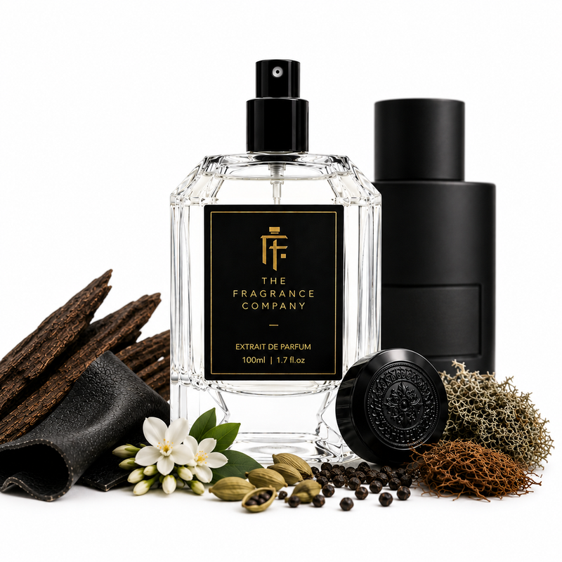A clear glass perfume bottle with a black spray top and a black label reading 'THE FRAGRANCE COMPANY' stands on a white background, styled with dark wood, a black leather piece, a white flower, green cardamom pods, black peppercorns, and dried botanicals. A black cylindrical container and a round black cap are placed behind and beside the bottle.