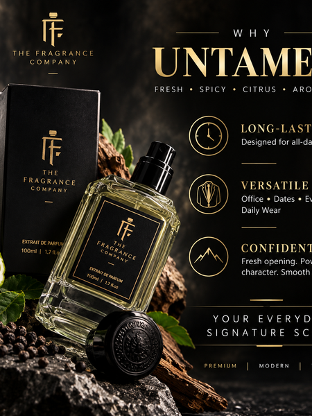 The Fragrance Company Untamed perfume bottle and box displayed on a dark rustic surface with a lime wedge, green leaves, and promotional text highlighting the scent profile and product benefits.