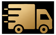 Four gold service icons on a black background: a stylized emblem on the left, an '8+ HRS' circle with an arrow, a delivery truck, and a box with a shield.