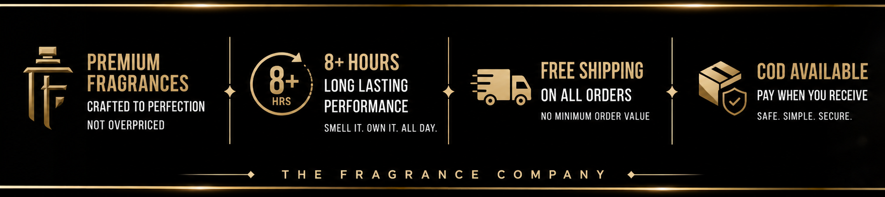 A black promotional banner with gold accents and text for The Fragrance Company, featuring icons and phrases such as premium fragrances, 8+ hours lasting performance, free shipping, and COD available.
