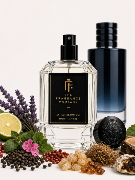 A clear glass perfume bottle with a black label reading 'THE FRAGRANCE COMPANY' stands centered on a white surface, surrounded by fragrance ingredients including lavender, lime, peppercorns, berries, roots, bark, and an oyster shell. A dark blue bottle and a round black cap are visible behind it against a clean white background.